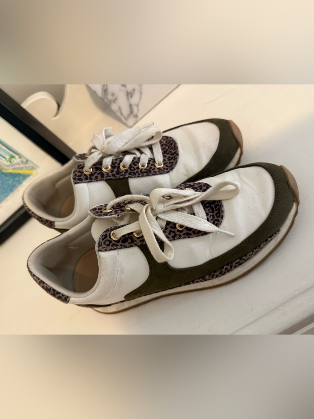 belk White Sneakers with Olive Suede & Leopard Trim